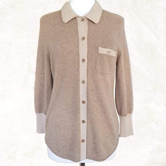 CULLEN 100% Cashmere Button Up Collared Shirt Sweater Medium Tan Beige - Picture 1 of 8